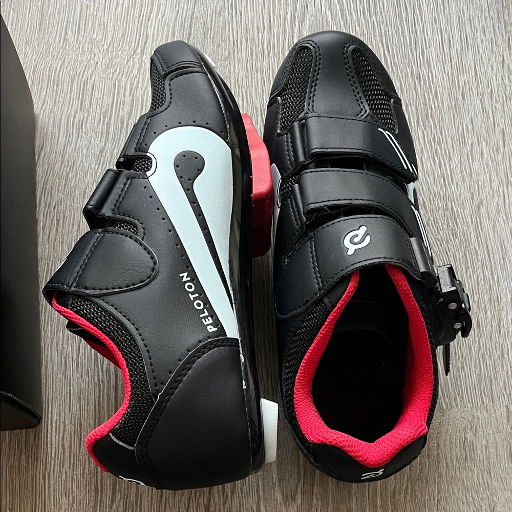 Peloton Black and White Cycling Shoes with Red Trim